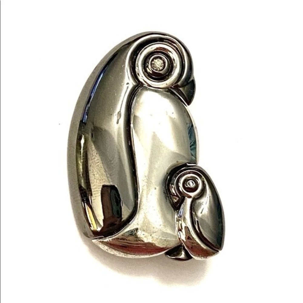 Vintage LC LIZ CLAIBORNE Pin Brooch gunmetal Silver Tone PENGUIN MOM & BABY